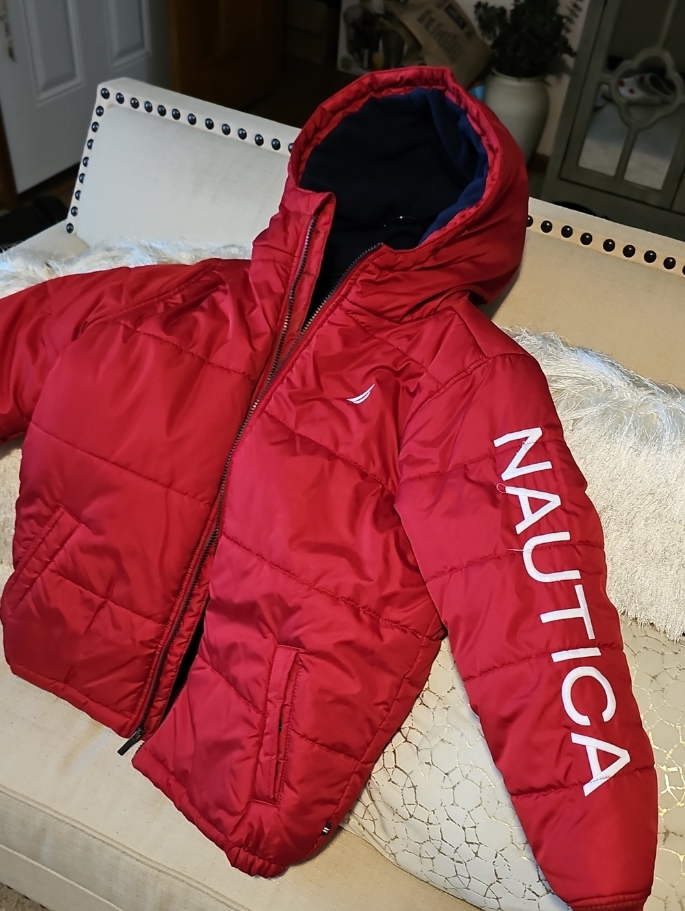 Nautica Red Puffer Jacket with Hood and Logo Sleeve